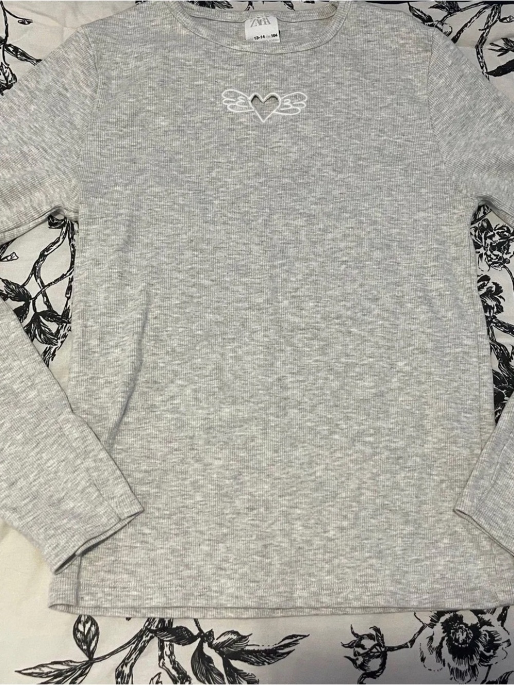 Zara Heather Gray Ribbed Long-Sleeve Top with Winged Heart Embroidery